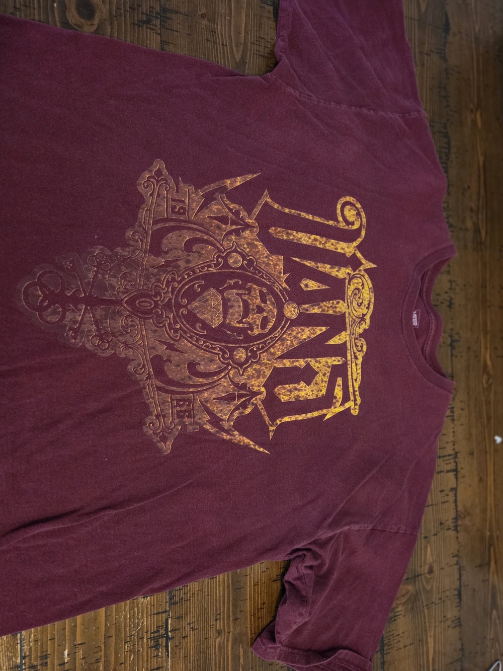Vans Men's Burgundy Short Sleeve Tee with Gold Graphic